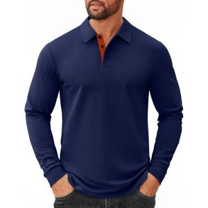 imageCOOFANDY Mens Long Sleeve Polo Shirts Cotton Collared Shirts Casual Business Polo Classic Golf T ShirtsDark Blue