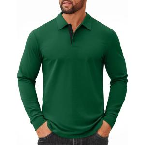 imageCOOFANDY Mens Long Sleeve Polo Shirts Cotton Collared Shirts Casual Business Polo Classic Golf T ShirtsGreen