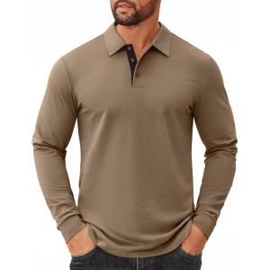 imageCOOFANDY Mens Long Sleeve Polo Shirts Cotton Collared Shirts Casual Business Polo Classic Golf T ShirtsKhaki