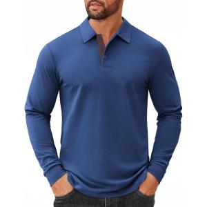 imageCOOFANDY Mens Long Sleeve Polo Shirts Cotton Collared Shirts Casual Business Polo Classic Golf T ShirtsLight Blue