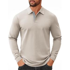 imageCOOFANDY Mens Long Sleeve Polo Shirts Cotton Collared Shirts Casual Business Polo Classic Golf T ShirtsLight Khaki