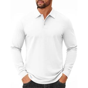 imageCOOFANDY Mens Long Sleeve Polo Shirts Cotton Collared Shirts Casual Business Polo Classic Golf T ShirtsWhite