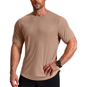 imageCOOFANDY Mens Muscle Shirt Short Sleeve Slim Fit TShirts Texture Crewneck Tees Longline Gym Workout Athletic ShirtKhaki