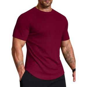 imageCOOFANDY Mens Muscle Shirt Short Sleeve Slim Fit TShirts Texture Crewneck Tees Longline Gym Workout Athletic ShirtWine Red