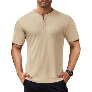 imageCOOFANDY Mens Muscle Tee Shirts Henley Stretch Short Sleeve Workout TShirts Khaki Medium