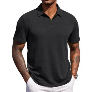 imageCOOFANDY Mens Polo Shirts Short Sleeve Casual Summer Polo Tee Classic Collared Golf Stylish Tops02black Solid