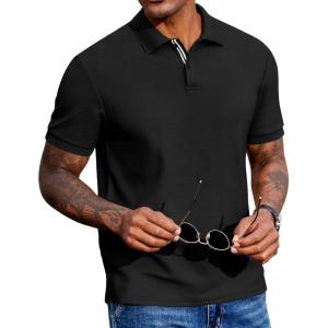 imageCOOFANDY Mens Polo Shirts Short Sleeve Cotton Pique Casual Button T Shirts Classic Fit Collared Golf ShirtsBlack