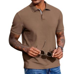 imageCOOFANDY Mens Polo Shirts Short Sleeve Cotton Pique Casual Button T Shirts Classic Fit Collared Golf ShirtsBrown