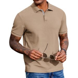 imageCOOFANDY Mens Polo Shirts Short Sleeve Cotton Pique Casual Button T Shirts Classic Fit Collared Golf ShirtsKhaki
