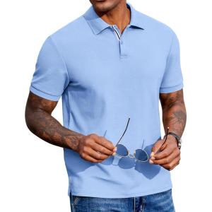 imageCOOFANDY Mens Polo Shirts Short Sleeve Cotton Pique Casual Button T Shirts Classic Fit Collared Golf ShirtsLight Blue