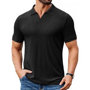 imageCOOFANDY Mens Ribbed Polo Shirts Short Sleeve V Neck Slim Fit Polo TShirt Casual Summer Collared Golf ShirtBlack