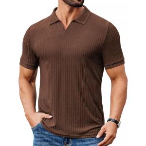 imageCOOFANDY Mens Ribbed Polo Shirts Short Sleeve V Neck Slim Fit Polo TShirt Casual Summer Collared Golf ShirtBrown