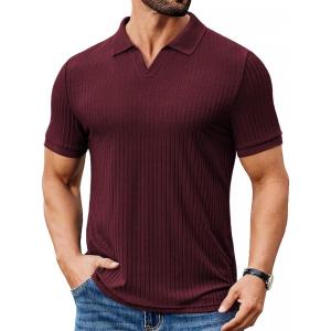 imageCOOFANDY Mens Ribbed Polo Shirts Short Sleeve V Neck Slim Fit Polo TShirt Casual Summer Collared Golf ShirtDark Red
