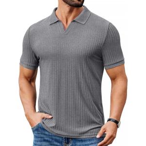 imageCOOFANDY Mens Ribbed Polo Shirts Short Sleeve V Neck Slim Fit Polo TShirt Casual Summer Collared Golf ShirtGray