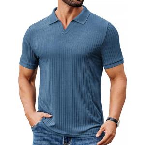 imageCOOFANDY Mens Ribbed Polo Shirts Short Sleeve V Neck Slim Fit Polo TShirt Casual Summer Collared Golf ShirtGray Blue