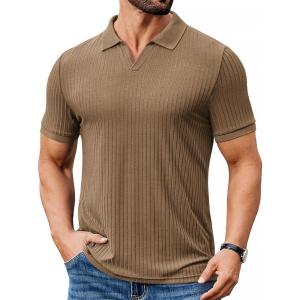 imageCOOFANDY Mens Ribbed Polo Shirts Short Sleeve V Neck Slim Fit Polo TShirt Casual Summer Collared Golf ShirtKhaki