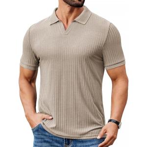 imageCOOFANDY Mens Ribbed Polo Shirts Short Sleeve V Neck Slim Fit Polo TShirt Casual Summer Collared Golf ShirtLight Khaki