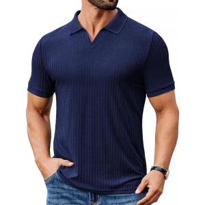 imageCOOFANDY Mens Ribbed Polo Shirts Short Sleeve V Neck Slim Fit Polo TShirt Casual Summer Collared Golf ShirtNavy Blue