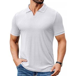 imageCOOFANDY Mens Ribbed Polo Shirts Short Sleeve V Neck Slim Fit Polo TShirt Casual Summer Collared Golf ShirtWhite