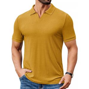 imageCOOFANDY Mens Ribbed Polo Shirts Short Sleeve V Neck Slim Fit Polo TShirt Casual Summer Collared Golf ShirtYellow