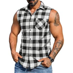 imageCOOFANDY Mens Sleeveless Flannel Shirt Casual Summer Tank Top Button Up Sleeveless Beach Shirts with Chest PocketBlack