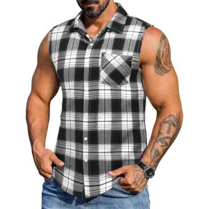 imageCOOFANDY Mens Sleeveless Flannel Shirt Casual Summer Tank Top Button Up Sleeveless Beach Shirts with Chest PocketBlack1