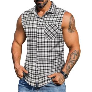 imageCOOFANDY Mens Sleeveless Flannel Shirt Casual Summer Tank Top Button Up Sleeveless Beach Shirts with Chest PocketBlack2