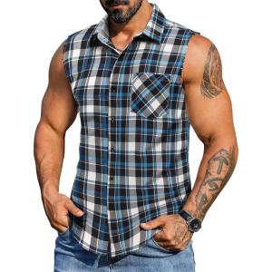 imageCOOFANDY Mens Sleeveless Flannel Shirt Casual Summer Tank Top Button Up Sleeveless Beach Shirts with Chest PocketBlue