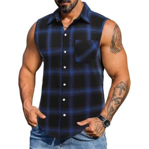 imageCOOFANDY Mens Sleeveless Flannel Shirt Casual Summer Tank Top Button Up Sleeveless Beach Shirts with Chest PocketBlue1