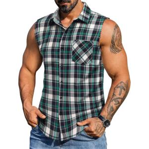 imageCOOFANDY Mens Sleeveless Flannel Shirt Casual Summer Tank Top Button Up Sleeveless Beach Shirts with Chest PocketBluegreen