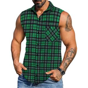 imageCOOFANDY Mens Sleeveless Flannel Shirt Casual Summer Tank Top Button Up Sleeveless Beach Shirts with Chest PocketGreen