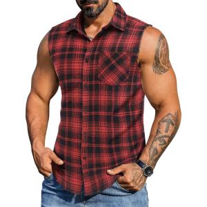 imageCOOFANDY Mens Sleeveless Flannel Shirt Casual Summer Tank Top Button Up Sleeveless Beach Shirts with Chest PocketRed