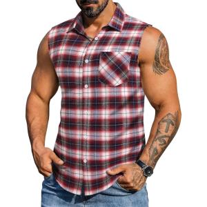 imageCOOFANDY Mens Sleeveless Flannel Shirt Casual Summer Tank Top Button Up Sleeveless Beach Shirts with Chest PocketRed1
