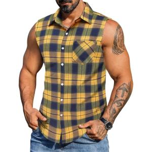 imageCOOFANDY Mens Sleeveless Flannel Shirt Casual Summer Tank Top Button Up Sleeveless Beach Shirts with Chest PocketYellow