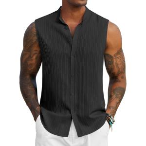 imageCOOFANDY Mens Sleeveless Summer Shirts Beach Tank Tops Button Up Textured Tank Shirt for VacationBlack