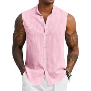 imageCOOFANDY Mens Sleeveless Summer Shirts Beach Tank Tops Button Up Textured Tank Shirt for VacationPink