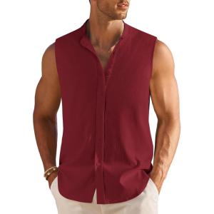 imageCOOFANDY Mens Summer Beach Tank Tops Sleeveless Button Up Shirt Casual Textured Tank ShirtsWine Red