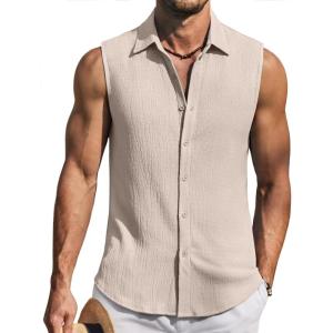 imageCOOFANDY Mens Summer Sleeveless Shirts Beach Knit Tank Top Button Up Casual Tank Shirt Vacation TopsKhaki