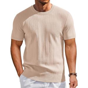 imageCOOFANDY Mens TShirts Short Sleeve Knit Shirts Casual Crewneck Ribbed Dress Tee ShirtBeige