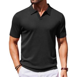 imageCOOFANDY Mens V Neck Short Sleeve Stretch Knit Polo ShirtBlack