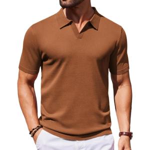 imageCOOFANDY Mens V Neck Short Sleeve Stretch Knit Polo ShirtCaramel