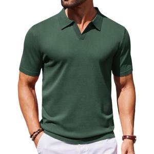 imageCOOFANDY Mens V Neck Short Sleeve Stretch Knit Polo ShirtDark Green