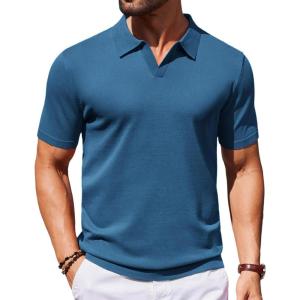 imageCOOFANDY Mens V Neck Short Sleeve Stretch Knit Polo ShirtDemin Blue