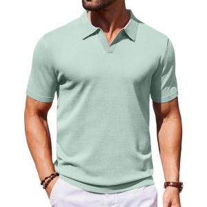 imageCOOFANDY Mens V Neck Short Sleeve Stretch Knit Polo ShirtIce Green