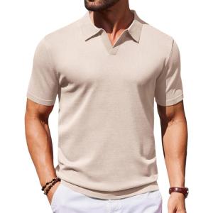 imageCOOFANDY Mens V Neck Short Sleeve Stretch Knit Polo ShirtKhaki