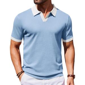 imageCOOFANDY Mens V Neck Short Sleeve Stretch Knit Polo ShirtLight Blue  White