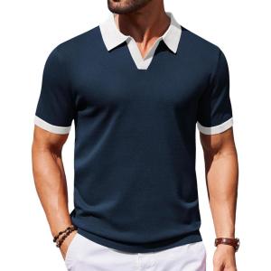 imageCOOFANDY Mens V Neck Short Sleeve Stretch Knit Polo ShirtNavy Blue  White