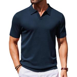 imageCOOFANDY Mens V Neck Short Sleeve Stretch Knit Polo ShirtNavy Blue