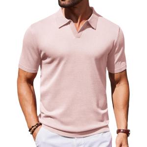 imageCOOFANDY Mens V Neck Short Sleeve Stretch Knit Polo ShirtPink