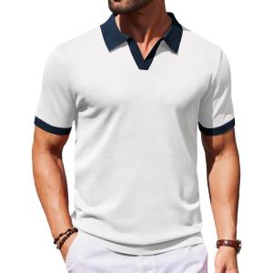 imageCOOFANDY Mens V Neck Short Sleeve Stretch Knit Polo ShirtWhite  Navy Blue